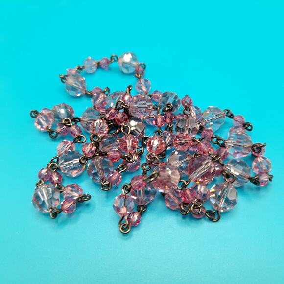 Vintage Pink Crystal Bead Wire Wrapped Necklace, Pink Beads, 34 Inches - Picture 7 of 10